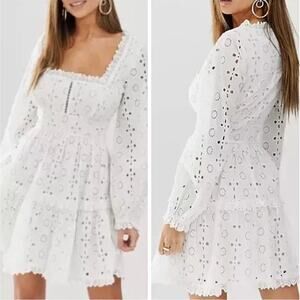 ASOS Broderie Square Neck Lace Eyelet White Mini Dress – Size 6